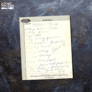 Handwritten recipe for curried shrimp. Indian-American cuisine