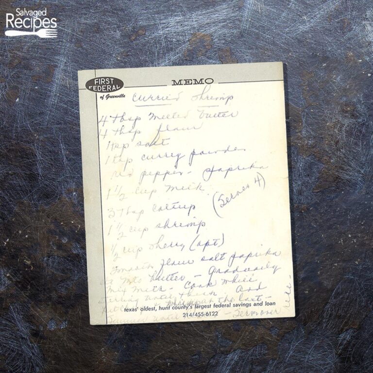 Handwritten recipe for curried shrimp. Indian-American cuisine