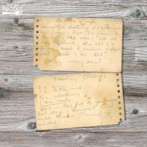 Handwritten recipe for banana loaf. American baked breakfast, brunch or snack.