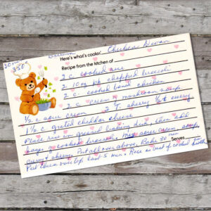 Handwritten recipe for chicken divan. Dinner main course