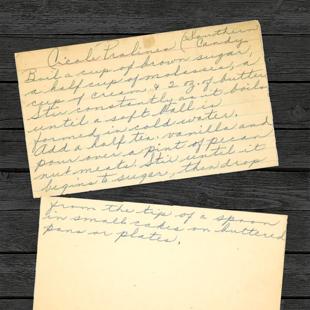 Handwritten recipe for creole pralines. American snack.