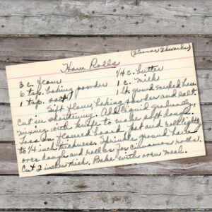 Handwritten recipe card for ham rolls. Dinner main course.