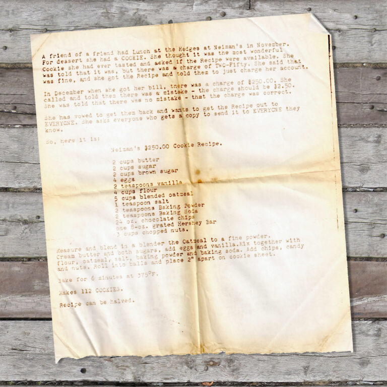 Typed recipe for Neiman $250.00 cookies. Snack dessert