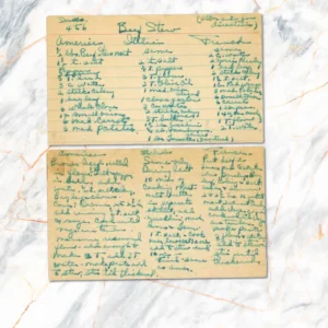 handwritten recipe cards with three variations of beef stew