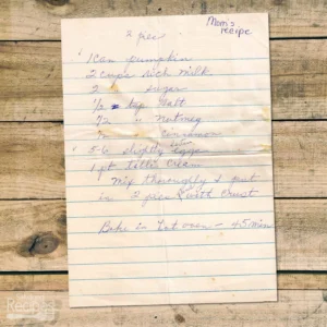 Handwritten recipe for mom's pumpkin pie