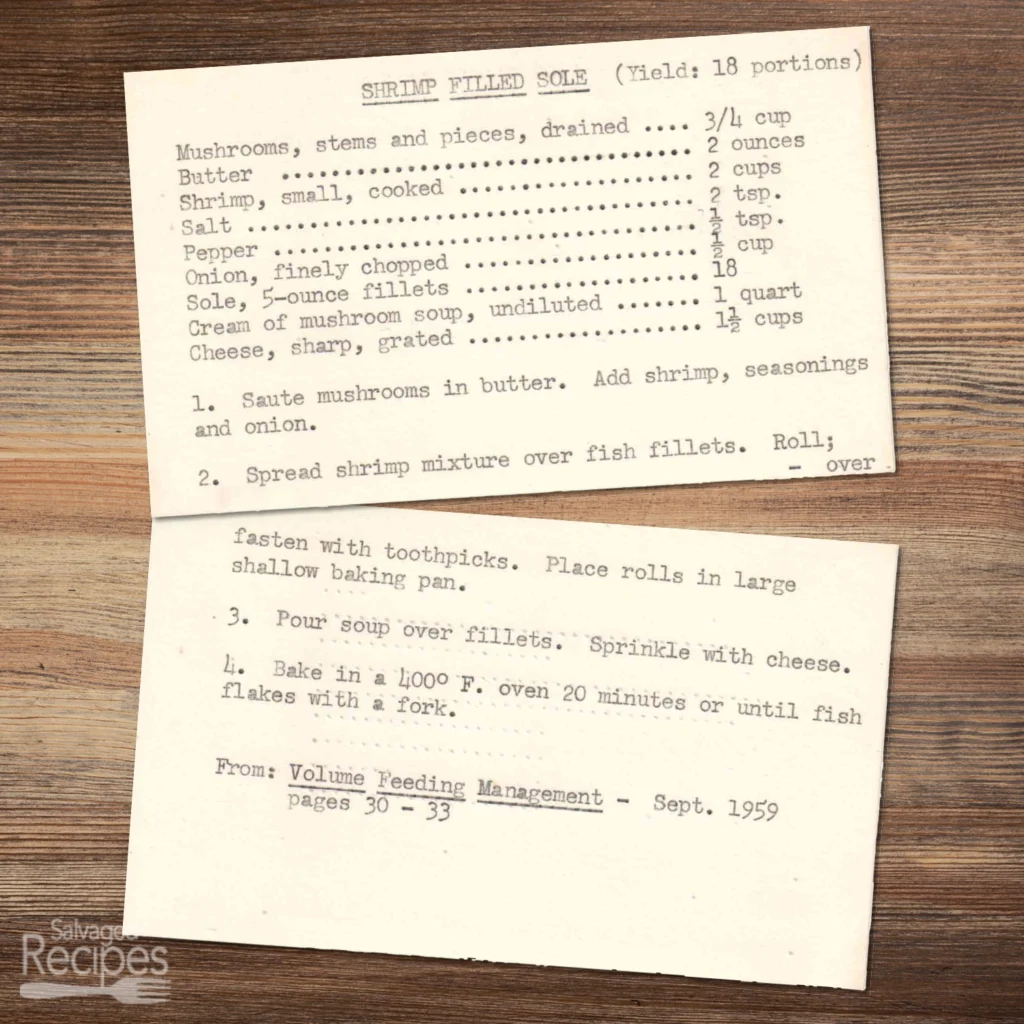 Typed recipe cards for shrimp filled sole