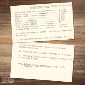 Typed recipe cards for shrimp filled sole