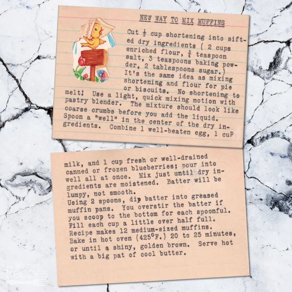 Typed recipe card with new way to mix muffins