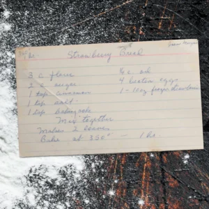 Handwritten recipe card for strawberry bread from Irene Morgan