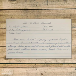 Recipe card with handwritten recipe for stir-n-roll biscuits