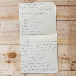 Handwritten recipe for pumpkin ice cream pie