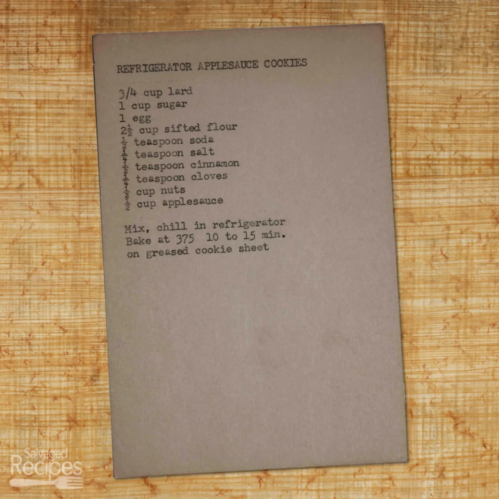 Typed recipe card for refrigerator applesauce cookies