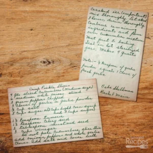 Handwritten recipe card with recipe for crisp pickle slices