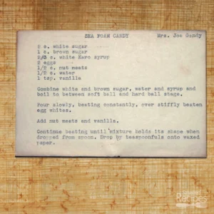 Typed recipe card for sea foam candy from Mrs. Joe Gandy