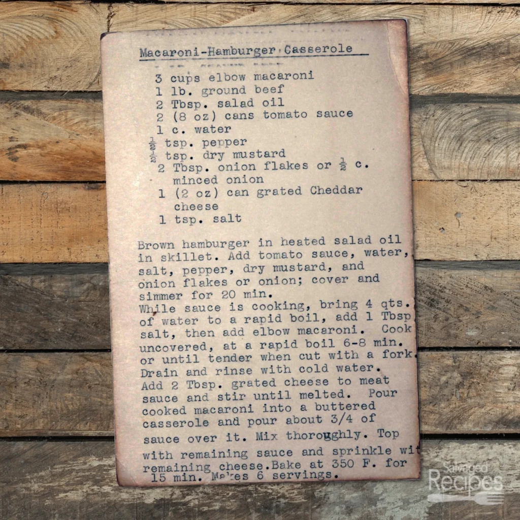 Typed recipe for macaroni hamburger casserole
