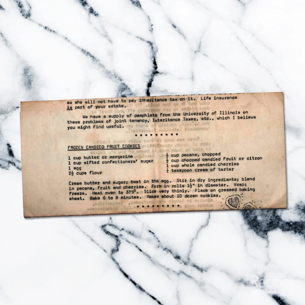 Typed recipe for frozen candied fruit cookies