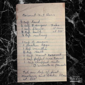 Handwritten recipe for coconut nut bars