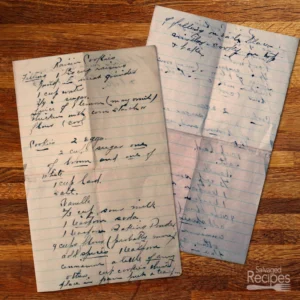 Handwritten recipe for raisin cookies