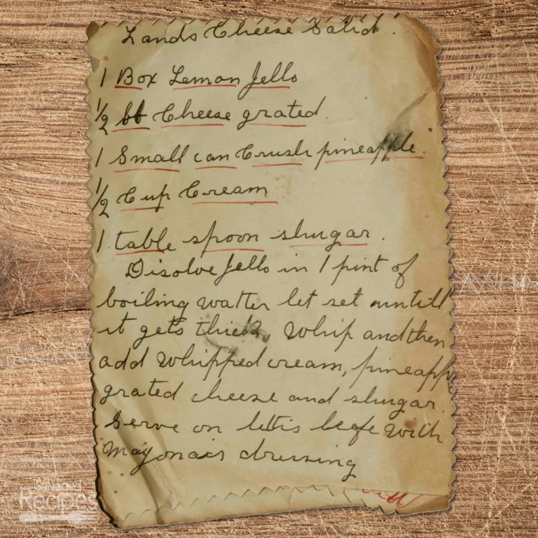 Handwritten recipe for Lands Cheese Salad