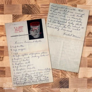 Handwritten recipe for lemon coconut balls from Rachel Main