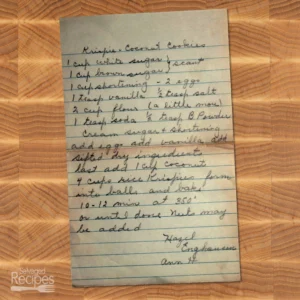 Handwritten recipe for Krispie Coconut Cookies from Hazel Enghauzen