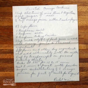 Handwritten recipe for orange cookies from mrs. Rachel Main