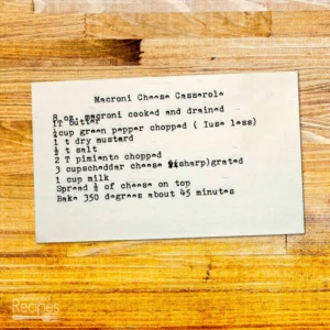 Typed recipe card for macaroni cheese casserole