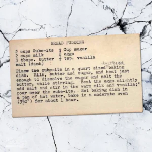 Typed recipe card for bread pudding