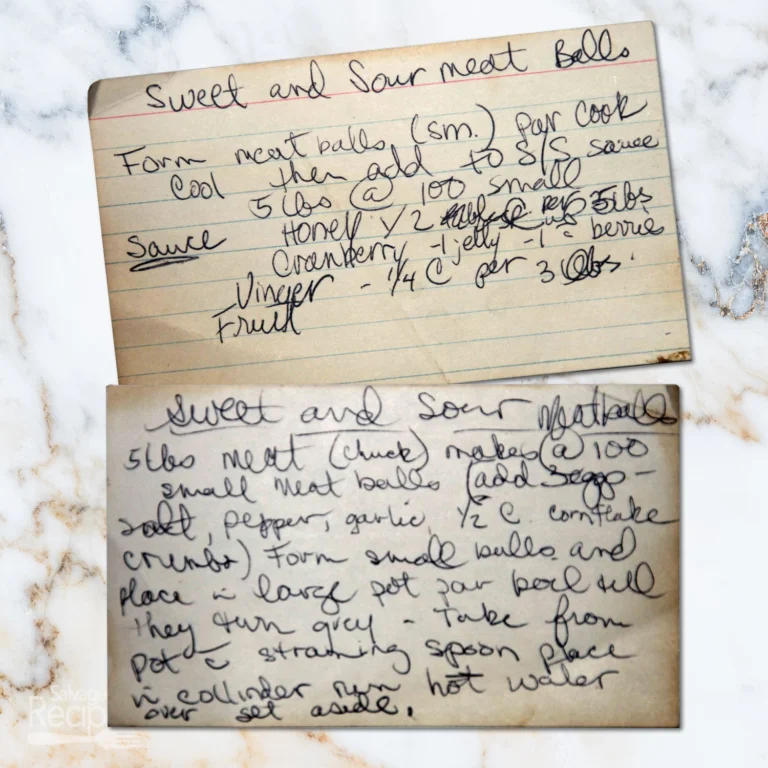 Handwritten recipe card for sweet and sour meatballs