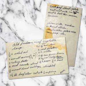 Handwritten recipe card for Old Fashioned Beef Vegetable Soup