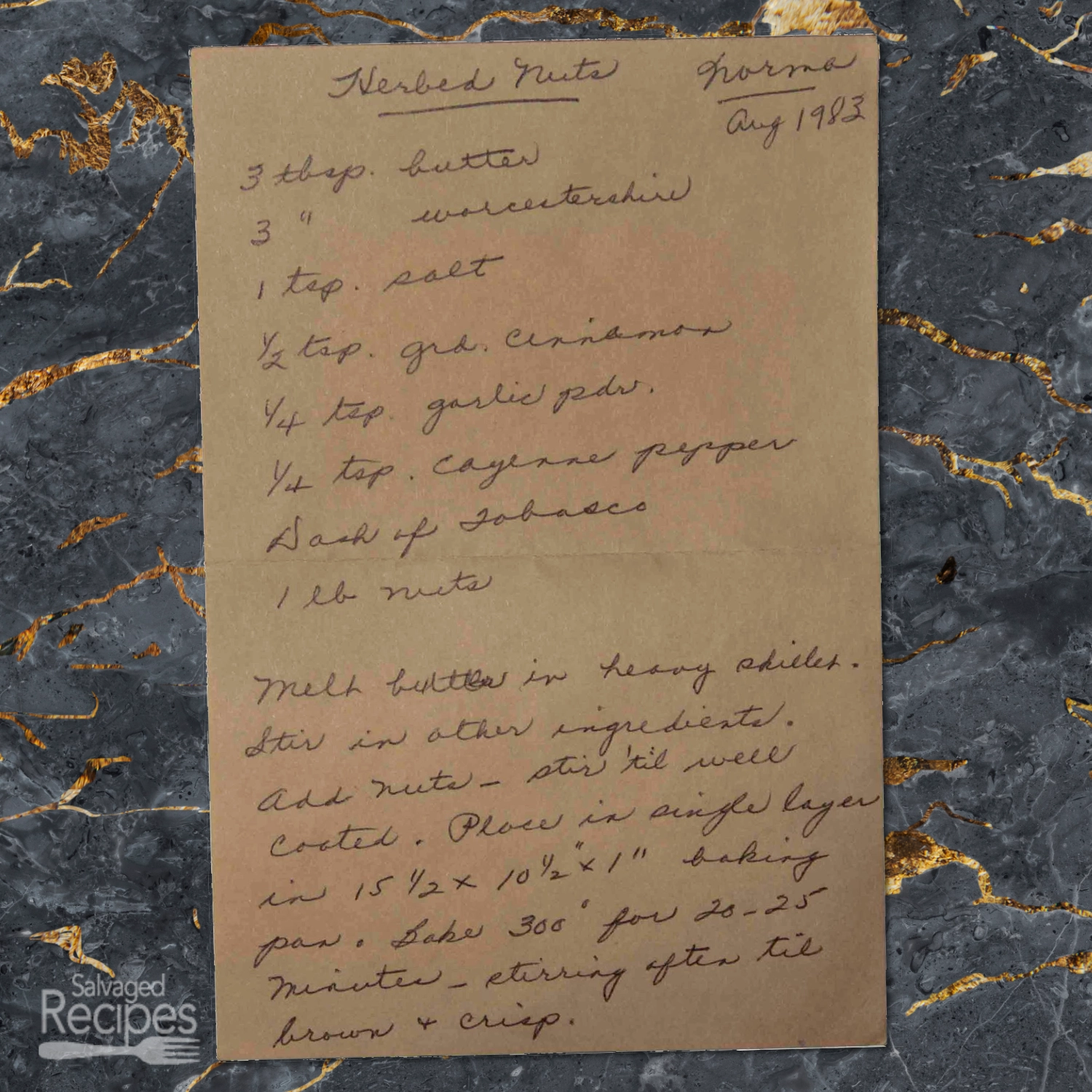 Handwritten recipe for Herbed Nuts from Norma