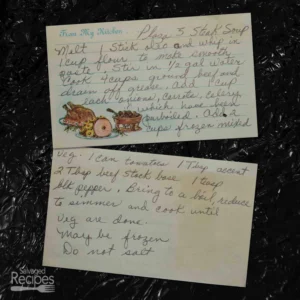 Handwritten recipe card for Plaza 3 Steak Soup