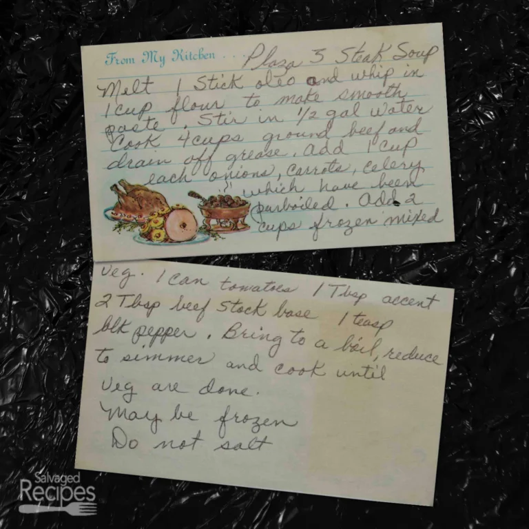 Handwritten recipe card for Plaza 3 Steak Soup