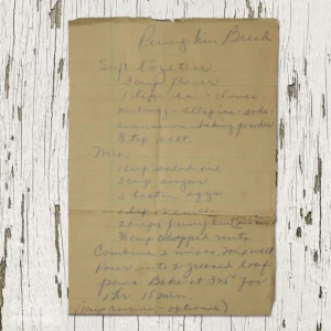 Handwritten recipe for Pumpkin Bread