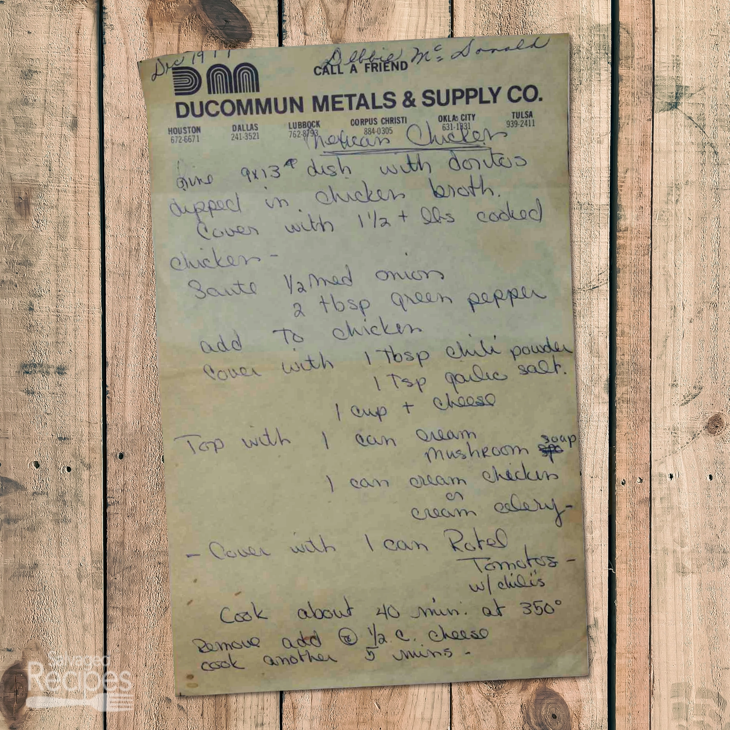 Handwritten recipe for Mexican Chicken