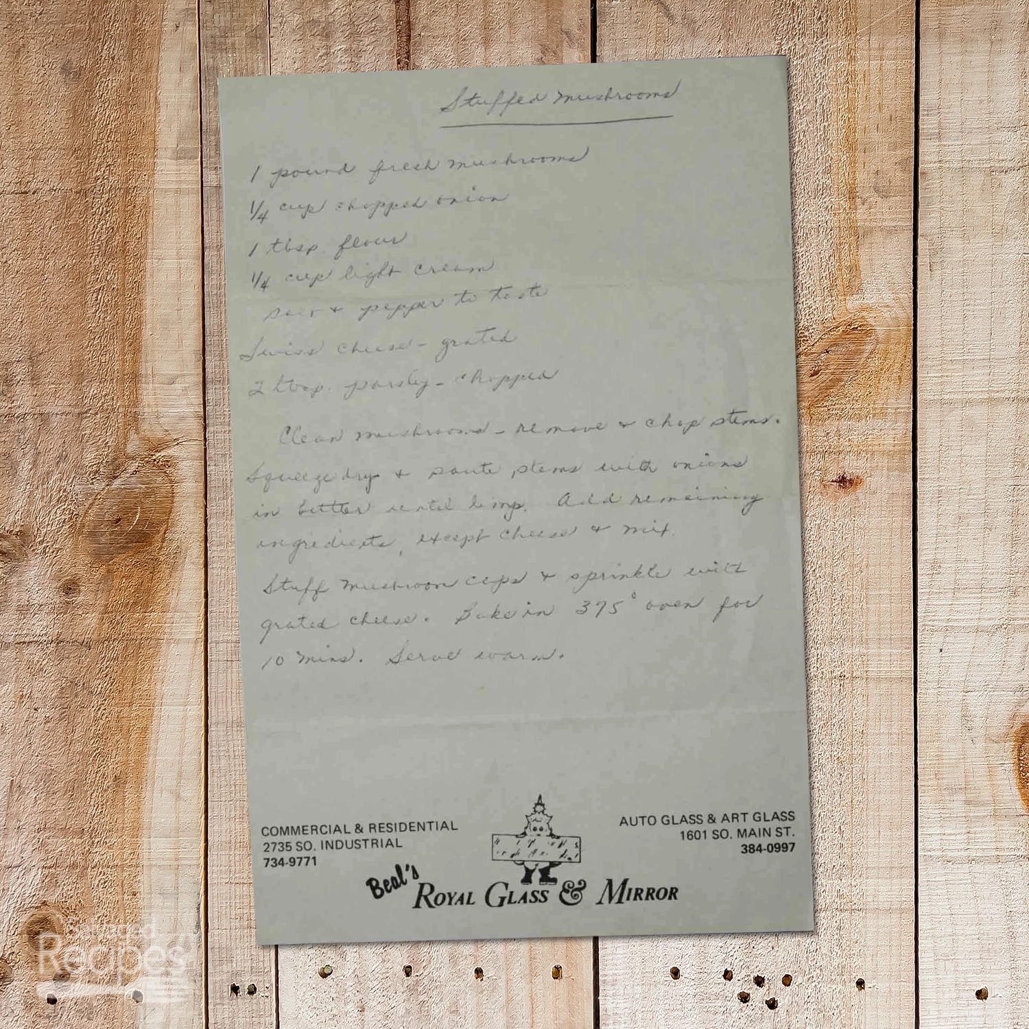 Handwritten recipe for Stuffed Mushrooms