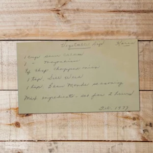 Handwritten recipe card for Vegetable Dip from Karen
