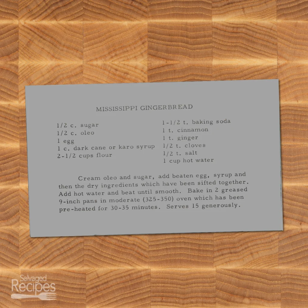 Typed recipe card for Mississippi Gingerbread