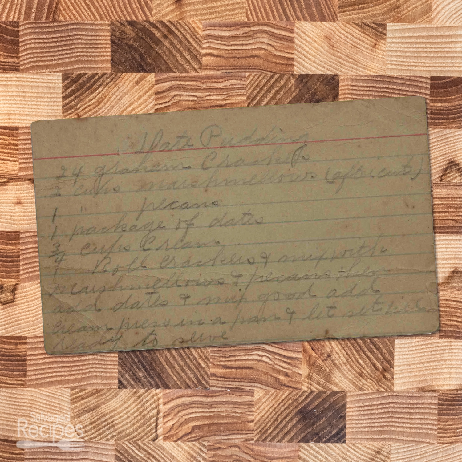 Handwritten recipe card for date pudding