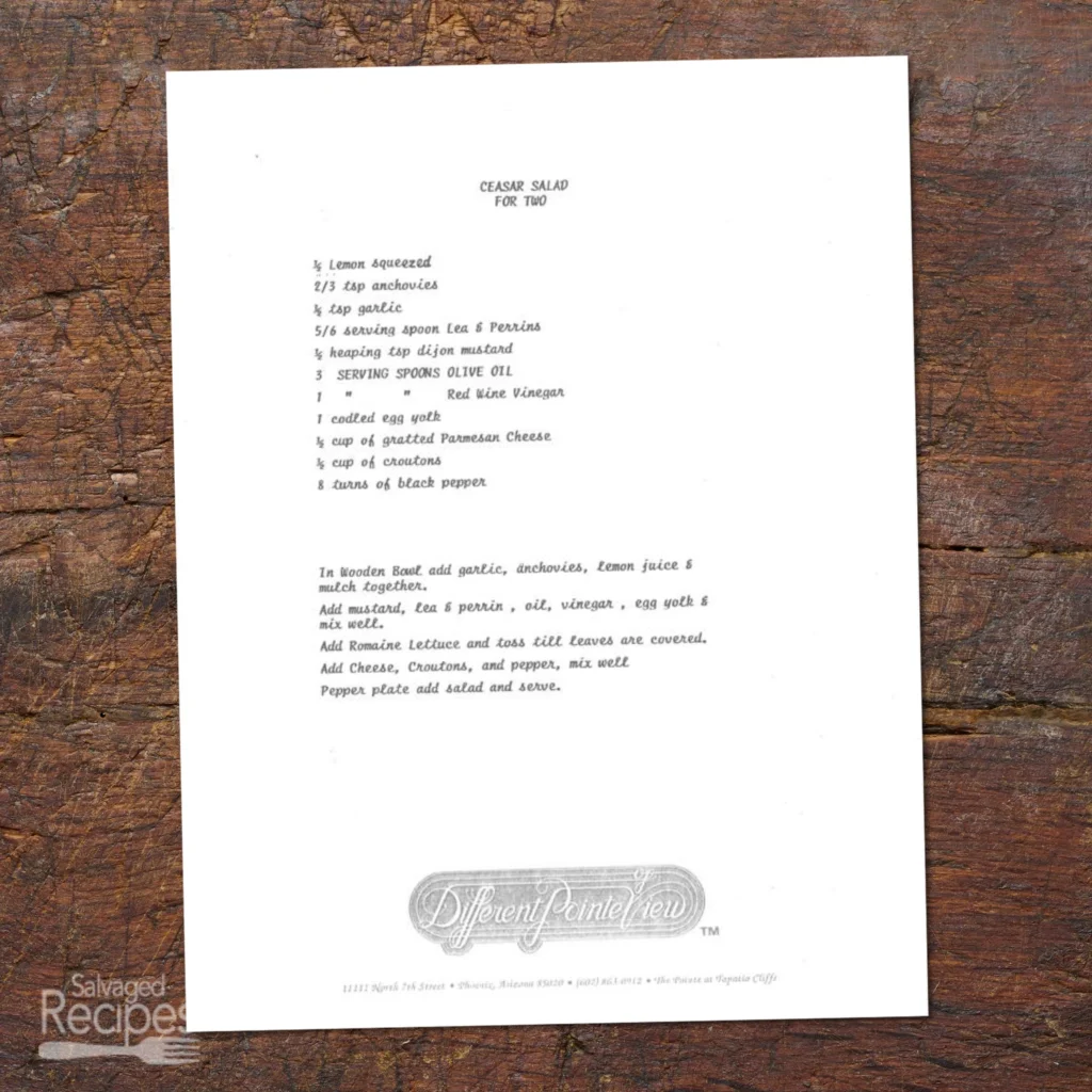 Typed Recipe for Caesar Salad for Two from Different Pointe of View
