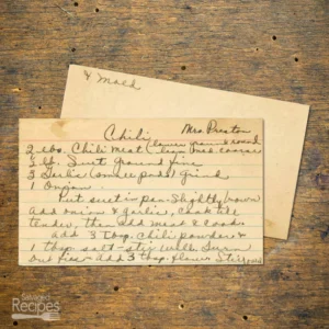 Handwritten recipe for Chili from Mrs. Preston
