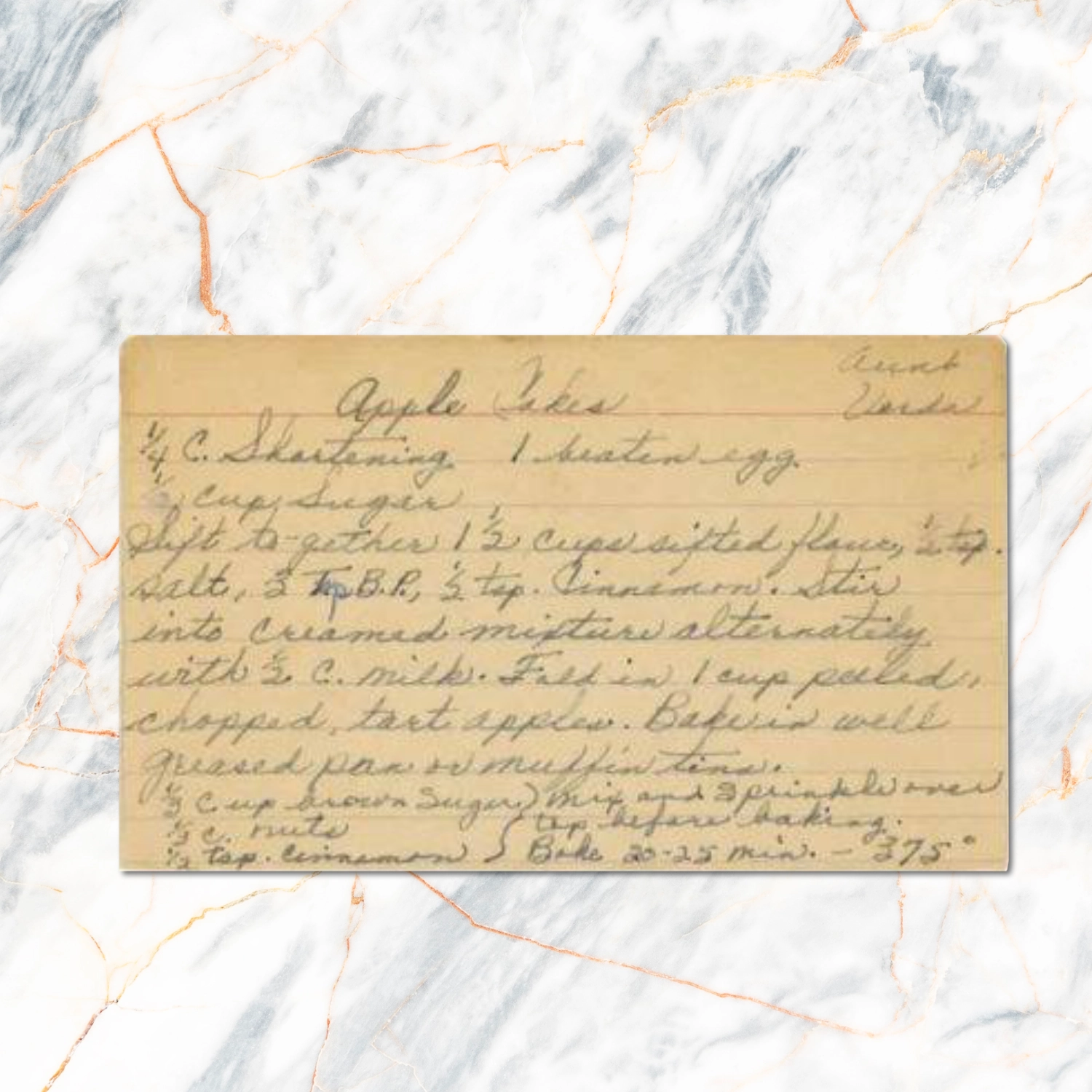 Handwritten recipe card for Apple Cakes from Aunt Verda