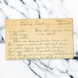 Handwritten recipe card for Boiled Frosting from Mrs. Yamamoto