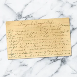 Handwritten recipe card for Angel Food Cake from Aline & I