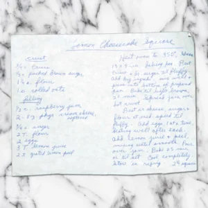 Handwritten recipe for Lemon Cheesecake Squares