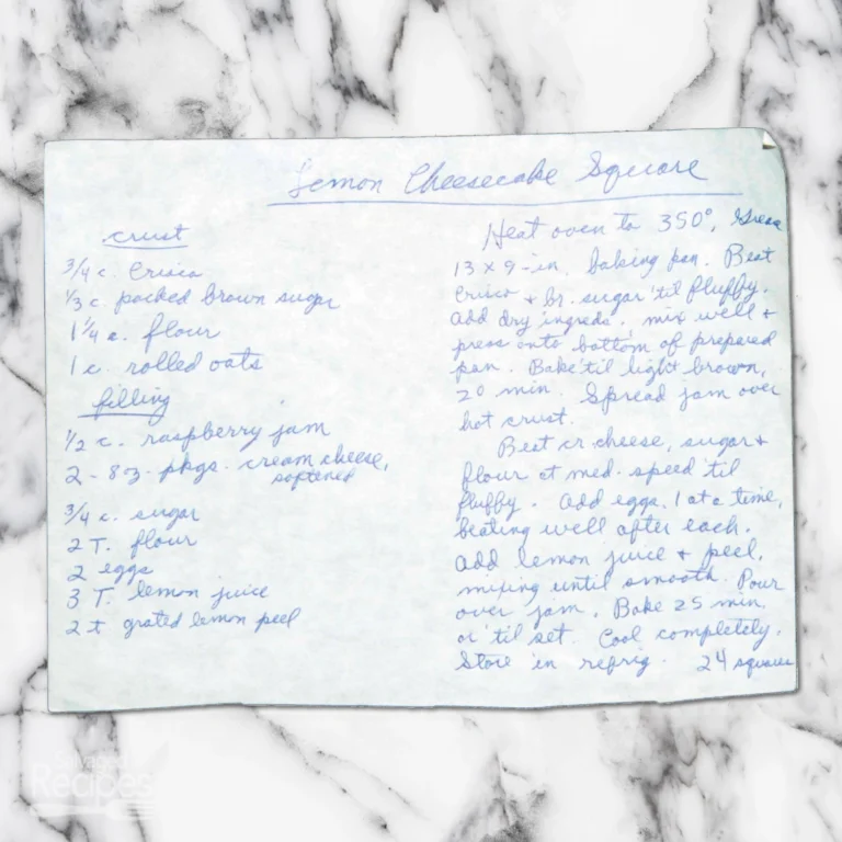 Handwritten recipe for Lemon Cheesecake Squares