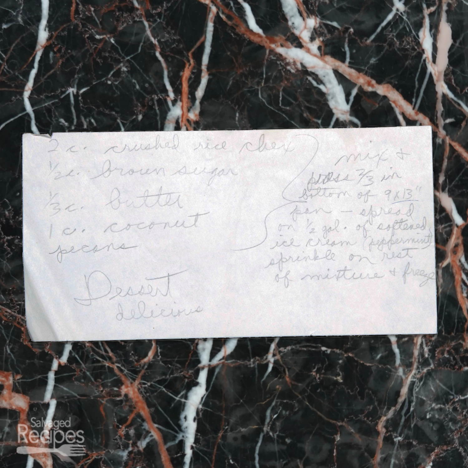 Handwritten recipe card for Delicious Ice Cream Dessert