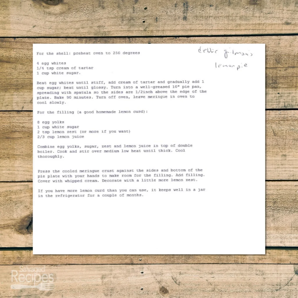 Typed recipe for Lemon Pie from Debbie Gilman