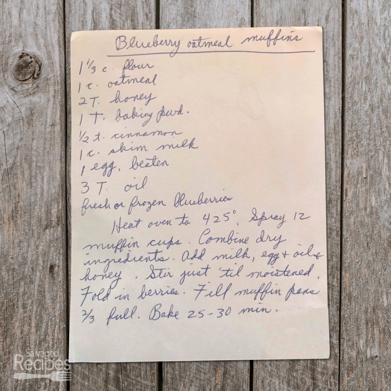 Handwritten recipe for Blueberry Oatmeal Muffins
