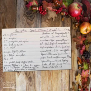 Handwritten recipe card for Pumpkin Apple Streusel Muffins